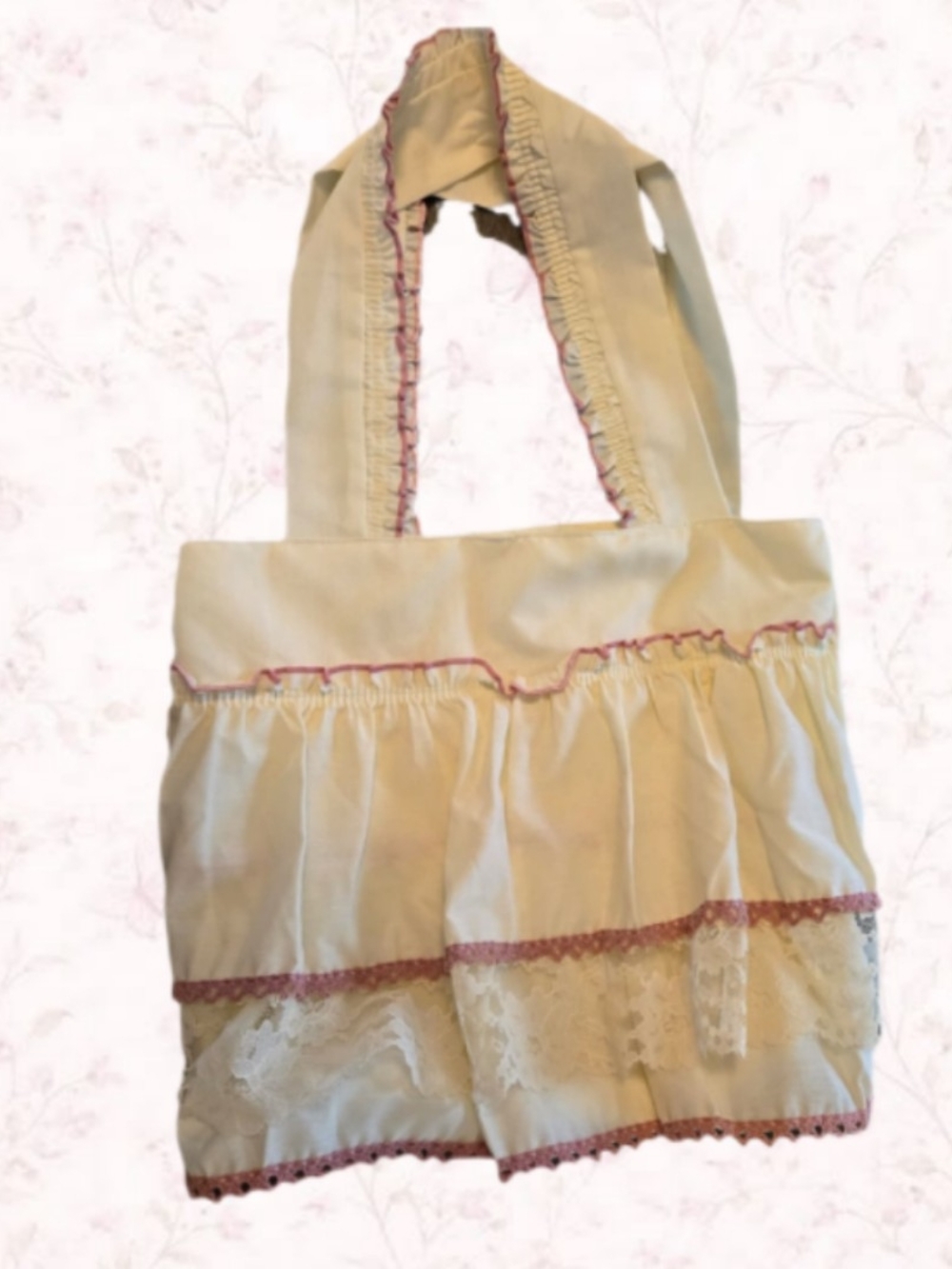 Handmade Cream Ruffle Lace Tote Bag with Pink Trim
